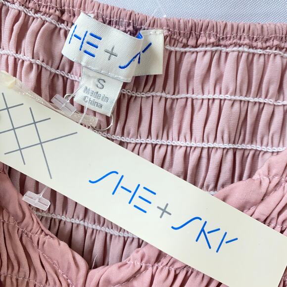 She + Sky Babydoll Smocked Blouse Top Women S Pink Poet Sleeve Romantic Coquette - Picture 4 of 8